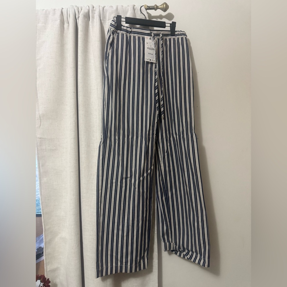 ZARA navy blue stripped linen pants size M